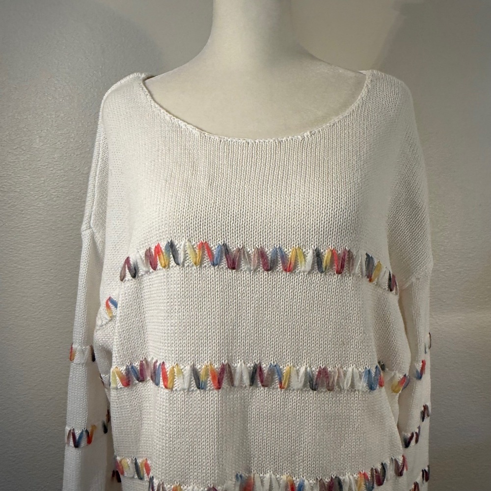 Christopher Banks Multi Color Embroidered Stripe White Knit‎ Sweater Large